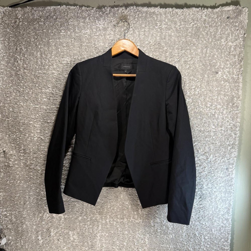 Theory Blazer 6 Black Lanai Bistretch Open Front Lined Jacket Preppy Career USA